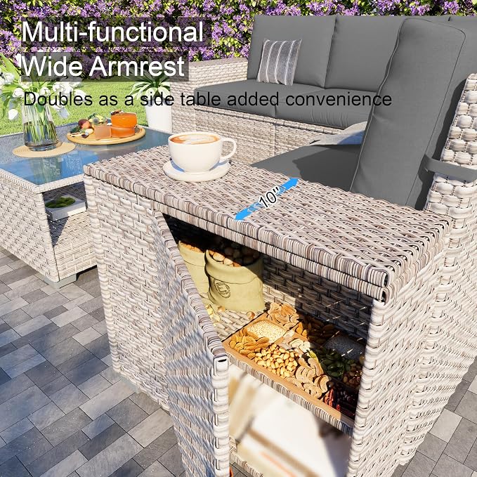 13-Piece Patio Furniture Set, Outdoor Patio Conversation Set with 60,000 BTU Fire Pit Table, PE Rattan Wicker Sectional Sofa with Large Capacity Seats, Widened Armrests, Extra High Backrest, Navy Blue