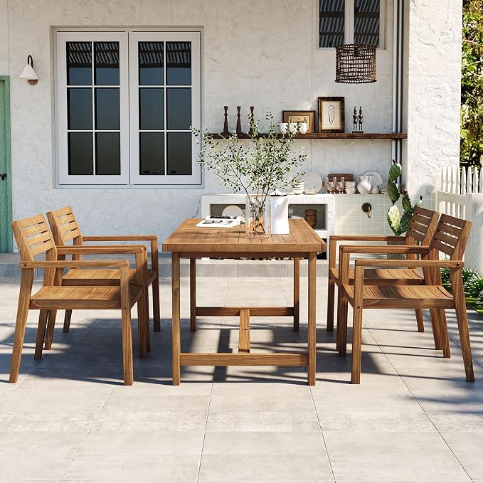 5 Pieces Outdoor Acacia Wood Dining Table Set for 4 with 59" Rectangular Table with Umbrella Hole and 4 Chairs, Modern Patio Dinner Set for Backyard, Garden, Poolside or Indoor, Natural