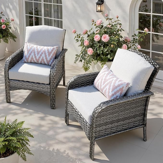 Patio Furniture Set, Outdoor Wicker Chairs of 2, Modern Rattan Outdoor Chairs Conversation Set, All Weather High Back Patio Sofa with Comfy Cushions for Porch, Balcony, Garden, Grey