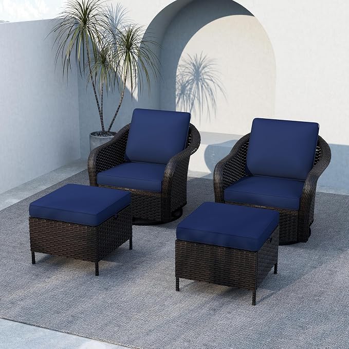 Outdoor Swivel Chairs Set with Ottomans, 4 PCS Patio Conversation Furniture Set with Removable Cushions, All-Weather Wicker Furniture for Porch, Backyard, Deck, Sunroom (Navy Blue)