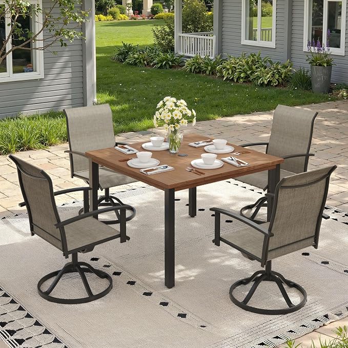 5 Pieces Patio Dining Set, Outdoor Furniture of 40.2" Square Patio Table and Patio Swivel Chairs for Backyard Lawn Garden, Walnut Table and Mixed Brown Chairs