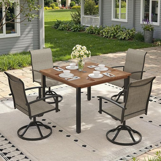 5 Pieces Patio Dining Set, Outdoor Furniture of 40.2" Square Patio Table and Patio Swivel Chairs for Backyard Lawn Garden, Walnut Table and Mixed Brown Chairs