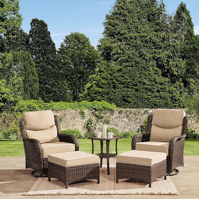 HILLGA Luxury 5PCS Outdoor Swivel Rocker Patio Chairs of 2 with 6 Inch Thick Cushions and Side Table, All Weather Outdoor Chairs High Back Wicker Patio Furniture Set for Porch and Deck, Beige