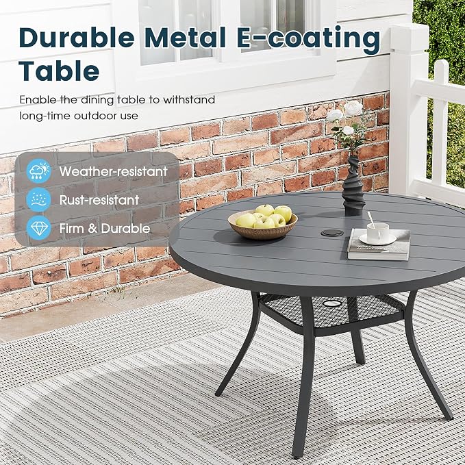 5 Pieces Outdoor Patio Dining Set, 40.6" All Weather Round Metal Table with Umbrella Hole and Storage Shelf, 4 High Back Textilene Swivel Chairs for Garden, Lawn, Grey