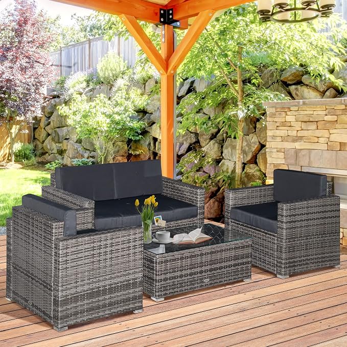 Outsunny 4 Piece Wicker Patio Furniture Set with Cushions, Outdoor Sectional Furniture with 2 Sofa, Loveseat, and Glass Top Coffee Table, Conversation Sofa Sets for Garden, Black
