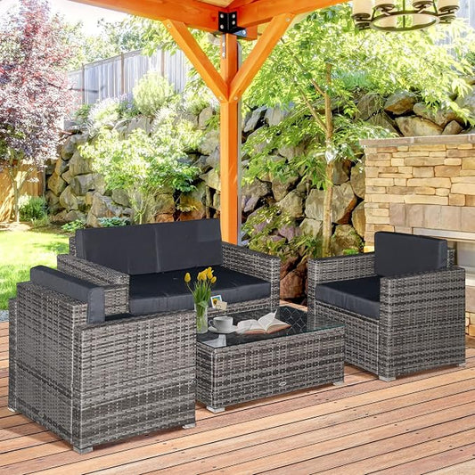 Outsunny 4 Piece Wicker Patio Furniture Set with Cushions, Outdoor Sectional Furniture with 2 Sofa, Loveseat, and Glass Top Coffee Table, Conversation Sofa Sets for Garden, Black