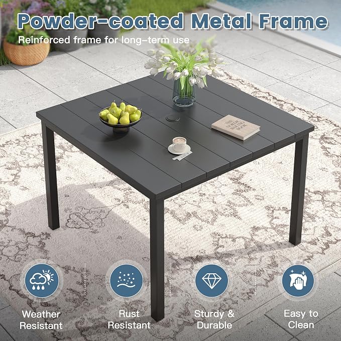 DIFY 5 Piece Patio Dining Set for 4, Wicker Stackable Patio Chairs & 40.2" Square Black Metal Dining Table with Umbrella Hole, All Weather Outdoor Table and Chairs Set for Deck Garden Backyard