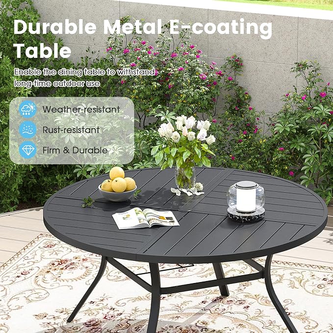 7 Pieces Patio Furniture Dining Set, 6 Textilene Swivel Dining Chairs, 53" Outdoor Round Metal Table with 1.57" Umbrella Hole, Outdoor Dining Set for Porch, Lawn, Garden, Black/Brown