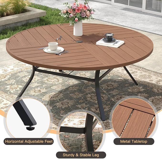 Outdoor Dining Set for 8, 60.1" Metal Round Outdoor Dining Table with Umbrella Hole and Sling Patio Swivel Chairs, 9 Pieces Patio Table and Chairs Set for Garden Backyard, Charcoal and Walnut