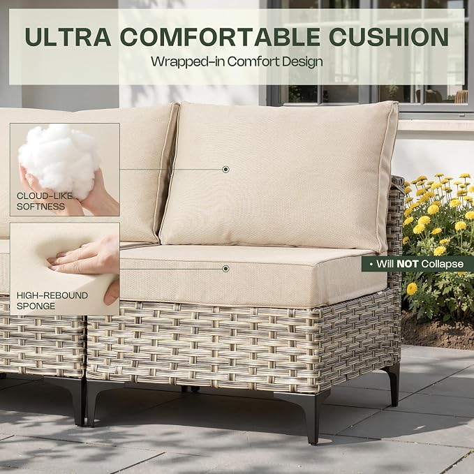 8 Pieces Patio Furniture Set, Outdoor Conversation Set with 360° Swivel Rocker Chairs, Wicker Sectional Sofa & Solar Powered Lighted Table, High Back Outdoor Furniture for Backyard Porch, Beige