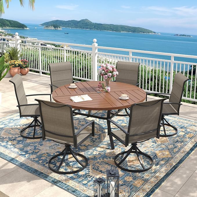 Outdoor Dining Set for 6, 50.1" Outdoor Dining Table with Umbrella Hole and Padded Textilene Patio Swivel Chairs, 7 Pieces Patio Table and Chairs Set for Garden Backyard, Mixed Brown and Walnut
