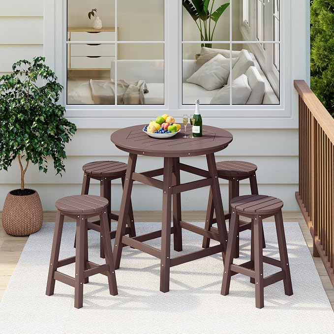 Costaelm Patio Bistro Table, 37" Counter Height Round Patio Cocktail Bar Table with Umbrella Hole, Outdoor Bistro Dining Pub Table for Front Porch Deck Backyard Garden, Dark Brown