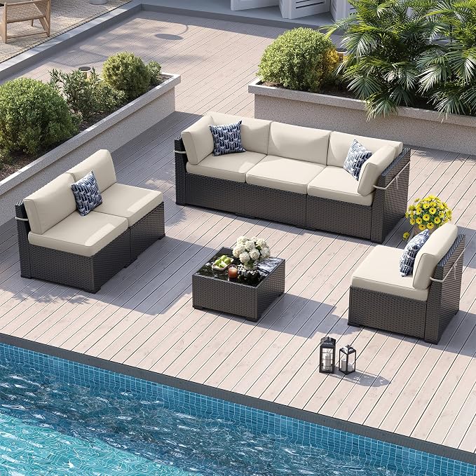 Patio Furniture Sets, 7-Piece Outdoor Patio Furniture with Thick Cushions,Coffee Table Outdoor All-Weather Conversation Set Sectional Sofa for Backyard, Poolside, Garden(Khaki)