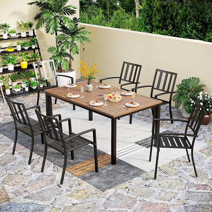 PHI VILLA Patio Dining Set for 6, Stackable Chairs&Wood-Like Table | 65” Brown Wood-Like Metal Steel Dining Table & Black Iron Chairs, Patio Furniture Set for Patio, Deck, Yard, Porch