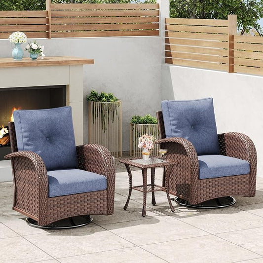 3 Pieces Outdoor Wicker Patio Swivel Rocking Chairs, All Weather Wicker Conversation Set with Side Table