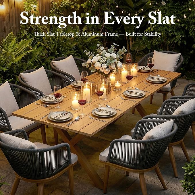 PURPLE LEAF 9 Pieces Patio Dining Set Wicker Outdoor Furniture Rectangular Table and Chairs Set for Garden Deck Teak-Finish Aluminum Frame Backyard Kitchen Set, Cushions and Pillows Included