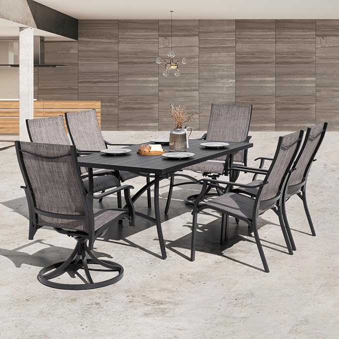 NUU GARDEN 7 Piece Outdoor Patio Dining Set, 63" x 36" Aluminum Dining Table with 1.97" Umbrella Hole, 4 Textilene Patio Chairs and 2 Patio Swivel Chairs for Garden,Backyard, Brown&Black