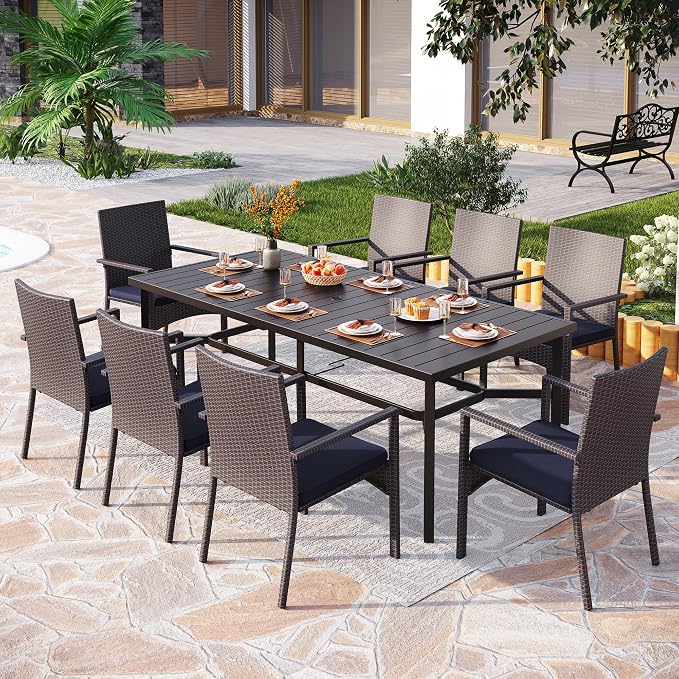 PHI VILLA 9 Piece Patio Dining Set, 83" Rectangular Table, Rattan Chairs | Outdoor Dining Set for 8, Metal Dining Table with Umbrella Hole, Large Outdoor Dining Table Set for Patio, Deck, Porch