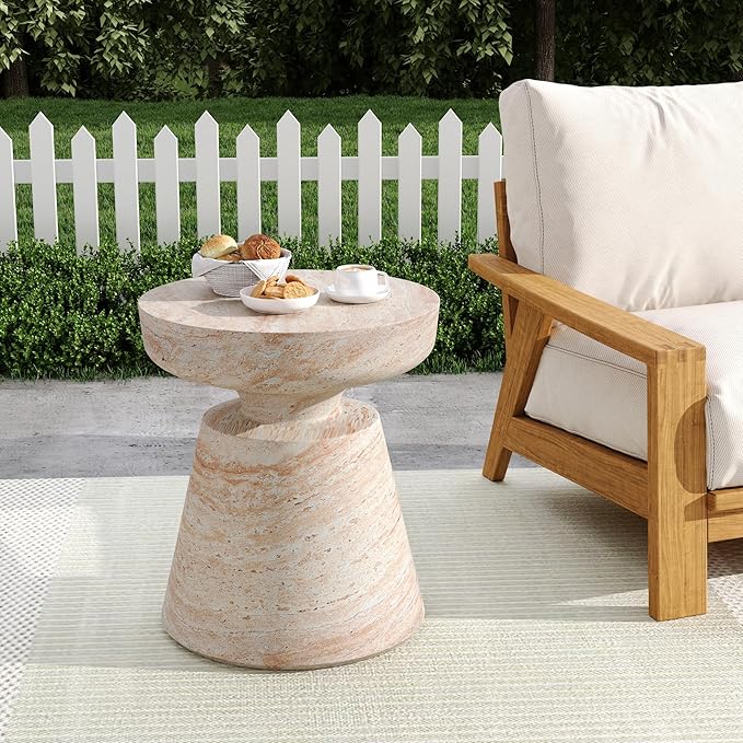 Outdoor Side Table Faux Marble End Table Faux Stone Side Tables Travertine Small Coffee Tables for Indoor Outdoor, Garden Stool Plant Stand for Porch, Backyard Patio, 17.75*17.75*20.5-Hourglass,Beige