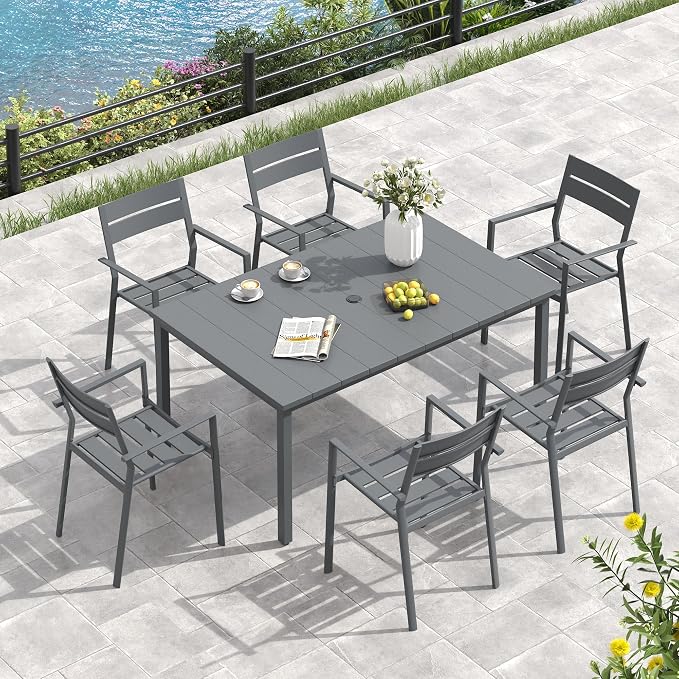 VICLLAX Outdoor Table for 6, Metal Patio Dining Table with Umbrella Hole for Garden Lawn Deck Backyard, Dark Grey Tabletop
