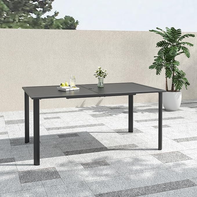 Black 63" Rectangle Patio Dining Table and Table Feet with Adjustable Screw | Black Metal Table Top, Table Feet with Adjustable Screw, 29 inch Heigh Table Top, 1.57"-1.9" Adjustable Umbrella Hole