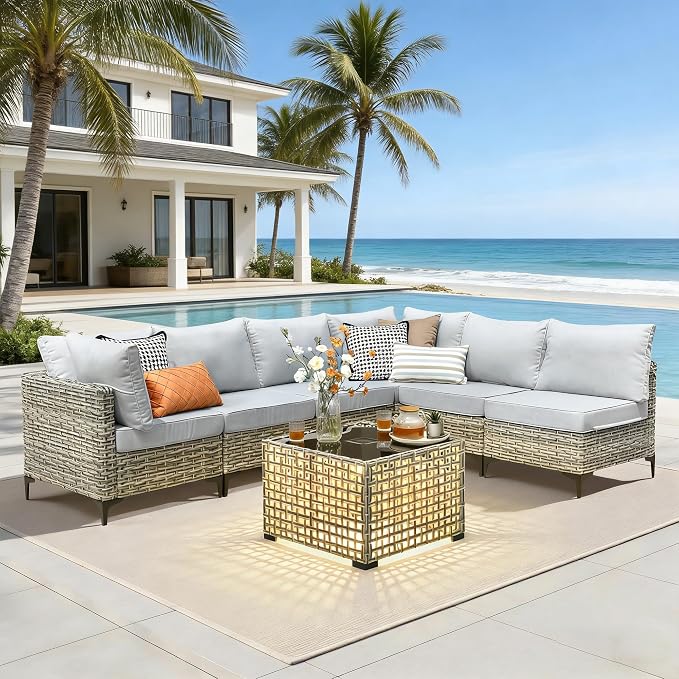 7 Pieces Patio Furniture Set with Solar Light Coffee Table, All-Weather Rattan Outdoor Sectional Conversation Sets L Shaped Sofas with Thick Cushions for Porch Balcony Backyard Grey