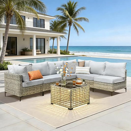 7 Pieces Patio Furniture Set with Solar Light Coffee Table, All-Weather Rattan Outdoor Sectional Conversation Sets L Shaped Sofas with Thick Cushions for Porch Balcony Backyard Grey