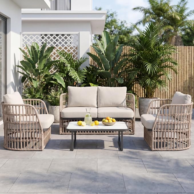 Patio Wicker Furniture Set, Outdoor Sectional Furniture Set, 4 Piece Rattan Patio Conversation Sets, Balcony Loveseat, Outdoor Sofa for Backyard, Garden, Outside, Lawn, Poolside, Beige