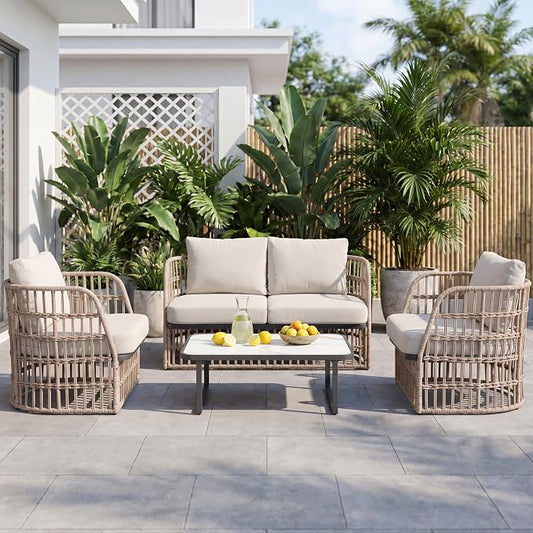 Patio Wicker Furniture Set, Outdoor Sectional Furniture Set, 4 Piece Rattan Patio Conversation Sets, Balcony Loveseat, Outdoor Sofa for Backyard, Garden, Outside, Lawn, Poolside, Beige