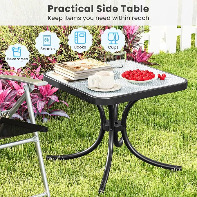 Tangkula Outdoor Side Table, 20 Inches Square End Table with Tempered Glass Top, Metal Frame, Small Patio Table for Garden, Backyard, Balcony, Poolside, Porch (1)