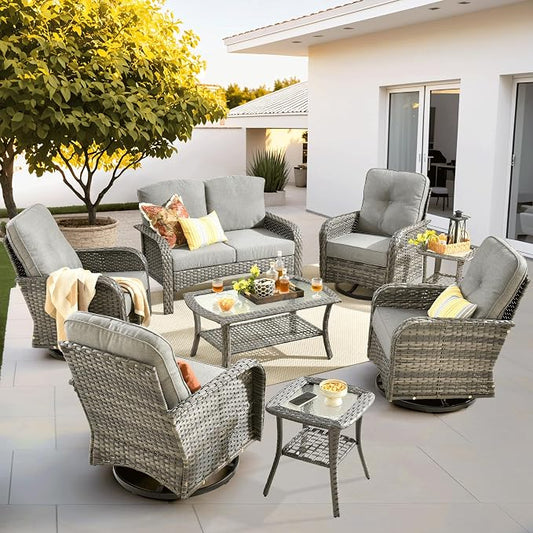 ovios 8-Piece Patio Furniture Set, Outdoor Wicker Sofa with Swivel Chairs Coffee Table, High Back Rattan Couch Loveseat with Comfy Cushions for Porch Yard Deck, Dark Grey