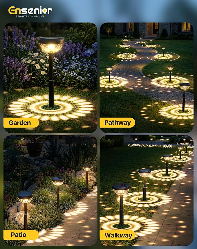 Ensenior 6-Pack Solar Lights Outdoor, Auto ON/Off 3000K LED Solar Garden Lights for Pathway, Yard, Patio, Walkway, Flower Bed, Halloween Christmas Landscape Lighting, IP65 Waterproof, Flag Lights