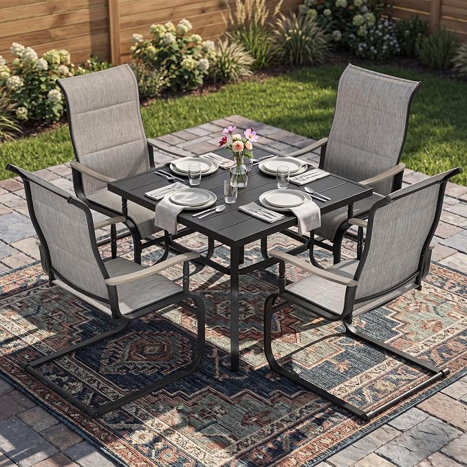 NUU GARDEN 5-Piece Outdoor Dining Set, Grayish Brown C-Spring Chairs | 37" square metal table with umbrella hole, 4 C-spring motion textilene chairs with stylish wood-grain armrests