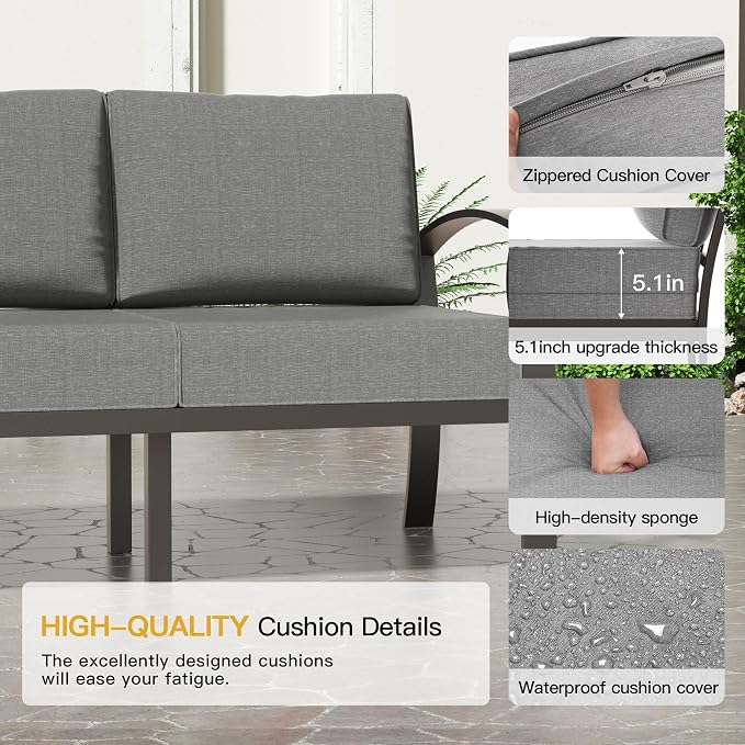 Aluminum Patio Furniture Set with 55,000 BTU Propane Fire Pit Table, 4 Seats Metal Modern Outdoor Furniture w/5.1" Cushions, Sectional w/Swivel Chairs for Backyard, Grey