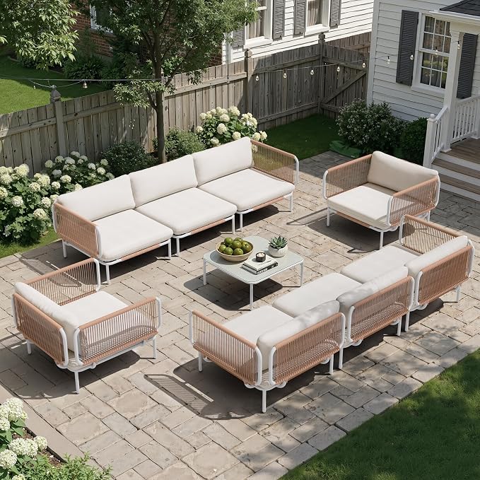 8 Piece Modern Outdoor Sectional Sofa, 31" Oversized Patio Furniture Set with Olefin Woven Rope, Weather-Resistant Metal Frame and Removable Cushion, Beige