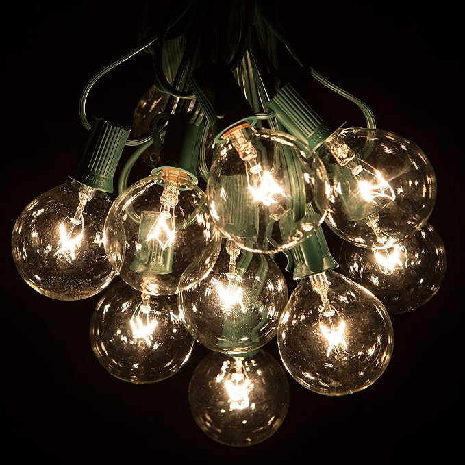 G50 Clear 2 Inch Light Bulbs with C7 Stringer 18 Gauge (Green Wire, 25')