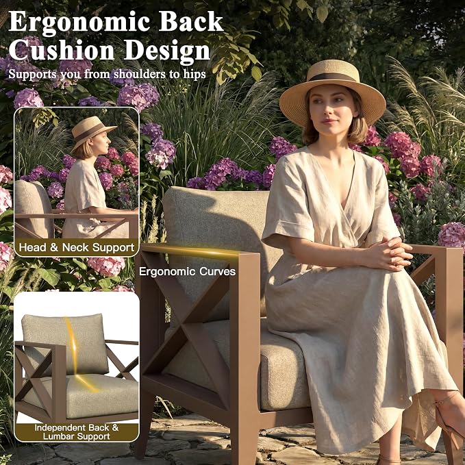 2 Piece Aluminum Patio Furniture Set, Modern Outdoor Patio Conversation Sets with Ergonomic Armhairs, 6" Thick Washable Cushions for Balcony, Porch, Backyard,Brown