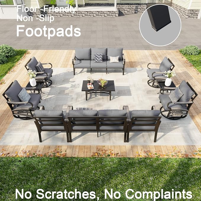 11 Pieces Patio Furniture Set, Metal Outdoor Conversation Sets with Swivel Chairs, Modern Couch Sofa Seating Group with Coffee Table and Side Table (Thick Gray Cushions)