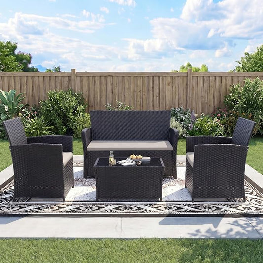 FHFO 4 Piece Outdoor Wicker Patio Furniture Set, Black/Light Grey | Sectional Sofa | All-Weather Hand-Woven Rattan | Tempered Glass Coffee Table | Durable Fabric | Indoor & Outdoor Use