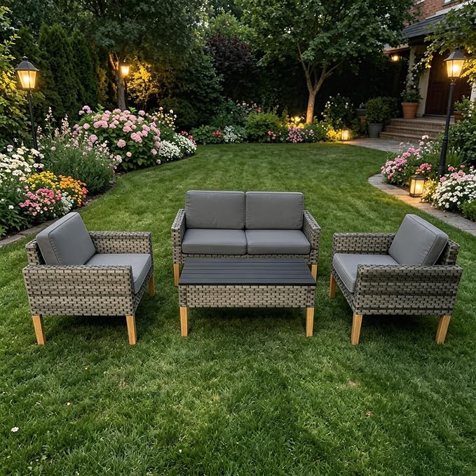 DECMICO 4 Piece Rattan Conversation Bistro Set, Outdoor Wicker Patio Furniture Set, All-Weather PE Rattan Chairs with Cushions for Backyard, Balcony, Garden, Dark Gray