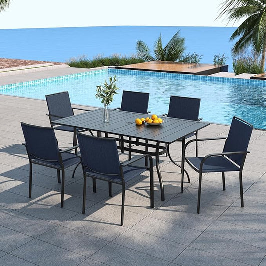 Navy Blue Stackable Patio Chairs and Rectangle Table Outoor Dining Set of 7 | 6 Psc Stackable Chairs, Textilene Seat&Back, Metal Table, Slat Table Top, 6 Person Use, 1.57"-1.9" Umbrella Hole, All Weather