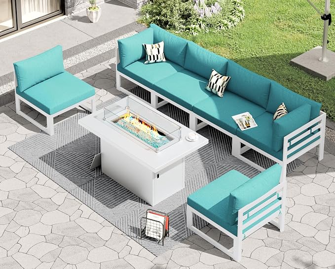 RADIATA 7 Pcs Large Aluminum Outdoor Patio Furniture Set with Rectangular Fire Pit Table, 29" Wide Deep Seat, Rust Proof Minimalist Sectional Sofa, 500 lbs Sturdy Backyard Conversation Set, Turquoise
