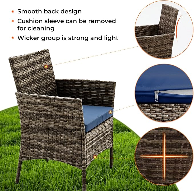 4 Pieces Outdoor Patio Furniture Set, Wicker Patio Conversation Set with Tea Table, All-Weather Outside Rattan Sectional Sofa for Backyard, Poolside, Garden, Balcony, Brown/Navy