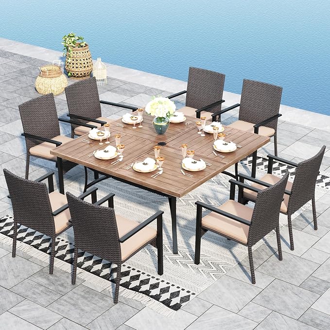 Sophia & William 9pc Square Patio Dining Set for 8, Rattan Chairs | Patio Table Set for 8, Teak Color Metal Table with Umbrella Hole, Wicker Chairs, Rust-Resistant Frame