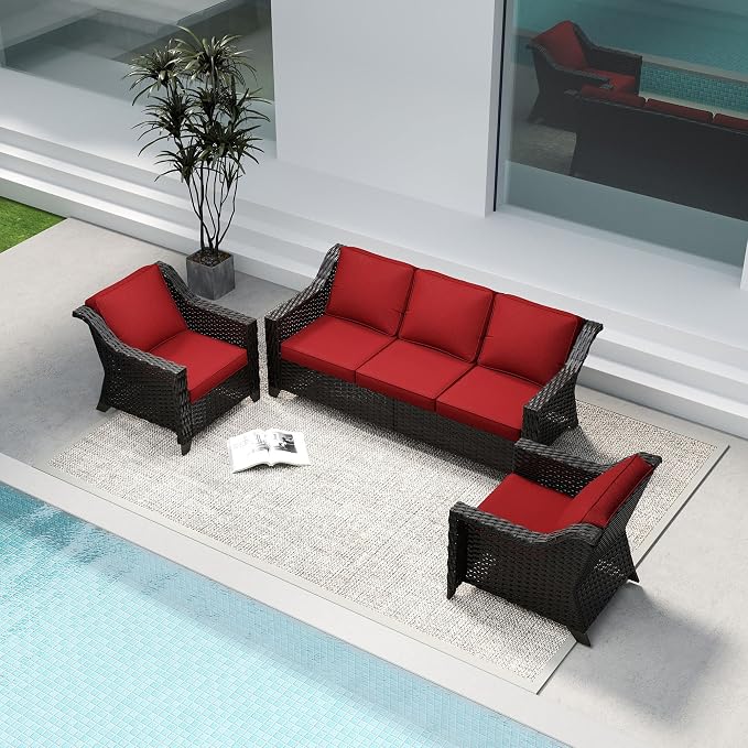 3 Pieces Patio Conversation Furniture Set - 1 Sofa, 2 Armchairs, Outdoor Wicker Furniture with Removable Cushions for Porch, Balcony, Sunroom (Red)