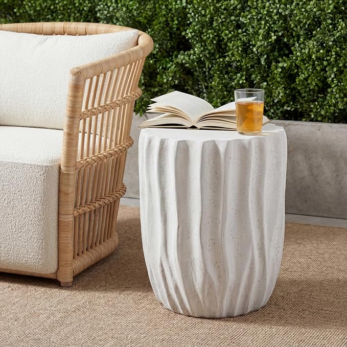 Christopher Knight Home Fairhill Outdoor Ribbed Side Table, Lightweight Concrete End Table, Accent Table with Wave Textured, Decorative Small Coffee Desk for Living Room Patio Balcony, Antique White