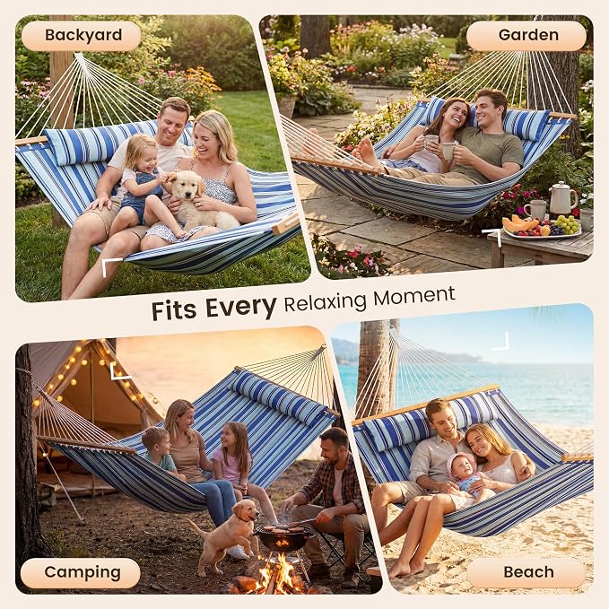 Everyfun Double Hammock with Spreader Bar - 2 Person Patio Hammock, 500 lbs Capacity, Soft Pillow & Carry Bag, Flat Wide Bed, Portable Quilted Hammock for Outdoor Camping Backyard Garden,Blue