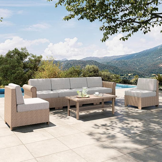 HERA'S HOUSE Patio Furniture Set 7 Piece, Outdoor Sectional Wicker Sofa with 44" Coffee Table All Weather 6 Seats, 5.5" Thick Waterproof Cushion Modular Conversation Set for Garden Deck Backyard