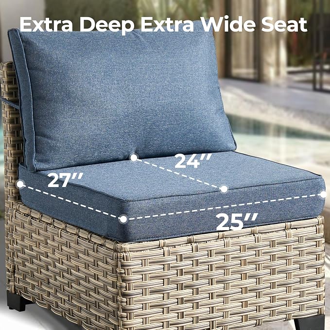 HOOOWOOO Sectional Patio Furniture Set with Fire Pit Table,7 Pieces Wicker Outdoor Furniture L Shaped Couch,Outside Conversation Set with Extra Deep Seat Sofa Wide Arm Solar Light Table,Denim Blue