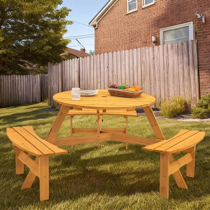 anwickjeff 6-Person Picnic Table and Chairs Set, Outdoor Round Wooden Patio Tables with DIY w/3 Built-in Benches & Umbrella Hole, 1720lbLBS Total Capacity for Patios, Backyard (Natural, 6-Person)